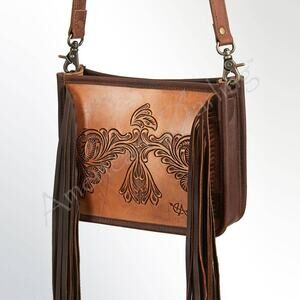 Hand-Tooled Genuine Leather Crossbody Bag with Fringe - Western Women's Purse